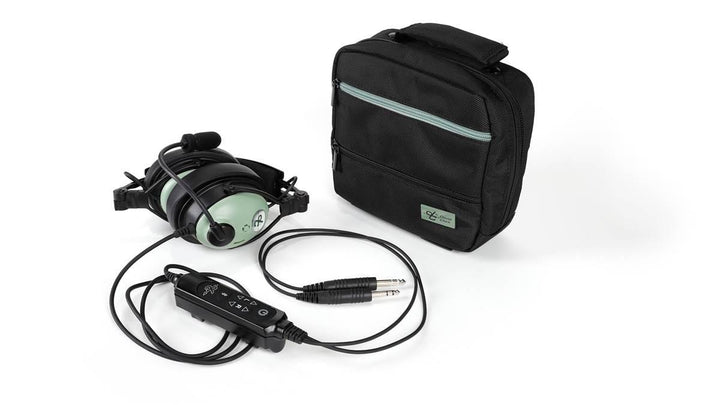 David clark pilot headset with cables and a carrying case on a white background