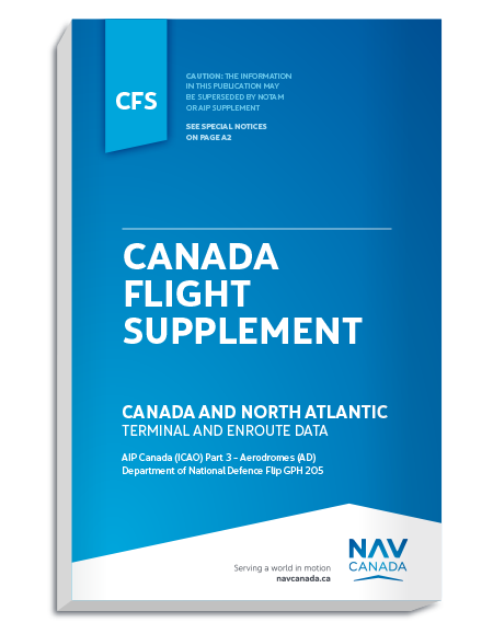 Canada Flight Supplement publication cover, shown as a 3D book mockup on a plain white background. The cover is predominantly blue with white text and logos, including CFS and NAV Canada.