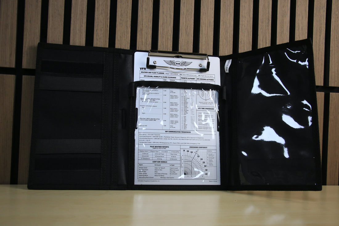 Black ASA tri-fold kneeboard with documents and a black and white image on a wooden surface